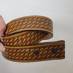 R.G. Bullco Brown Tan Size 36 Tooled Leather Belt Western USA Made NO Buckle